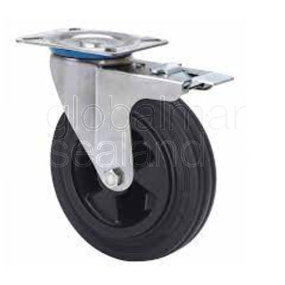 RUEDA PS GOMA SOPORTE GIRATORIO PLETINA Y FRENO DIAMETRO 160 MM
CARGA 160 KG COJINETE LISO SERIE ZVI INOX REF. ALEX 2-1684